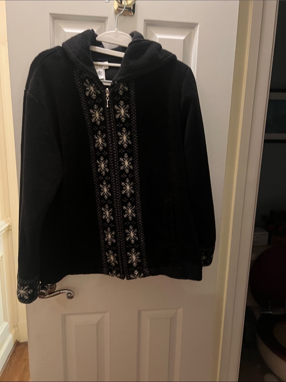 Talbots Black Hooded Fleece Jacket with White Snowflake Trim